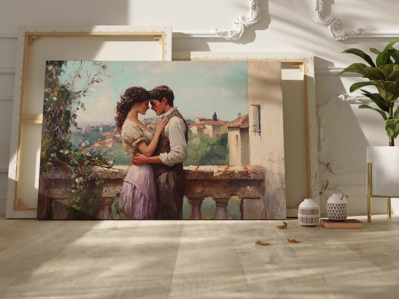 Romantic Balcony Scene Canvas Art - Timeless Love, Vintage Couple