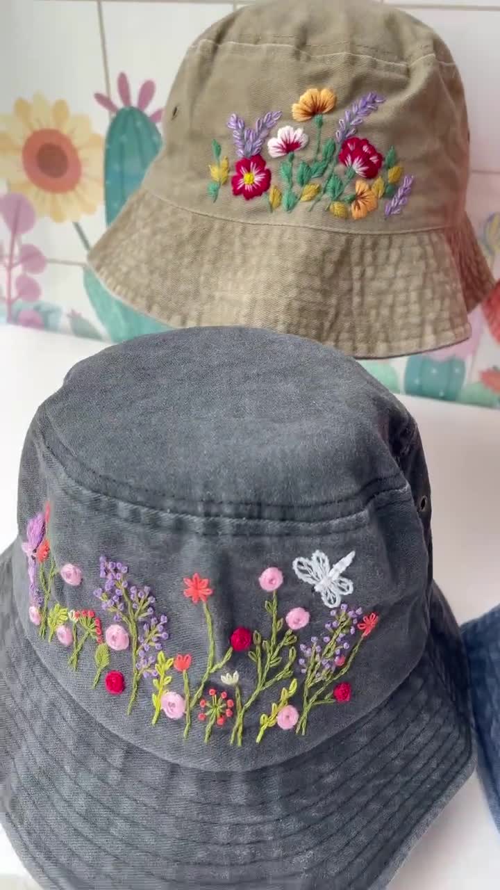 Custom Hand Embroidery Floral Bucket Hat, Daisy Embroidered