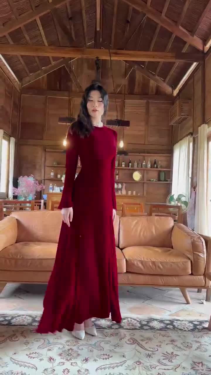 Silk Velvet Dress , Luxurious Silk Velvet Dress With Sleeves