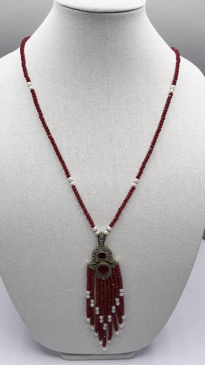 Hamsa Indian Necklace  Delicate Red and Blue Ethnic Tassel Necklace