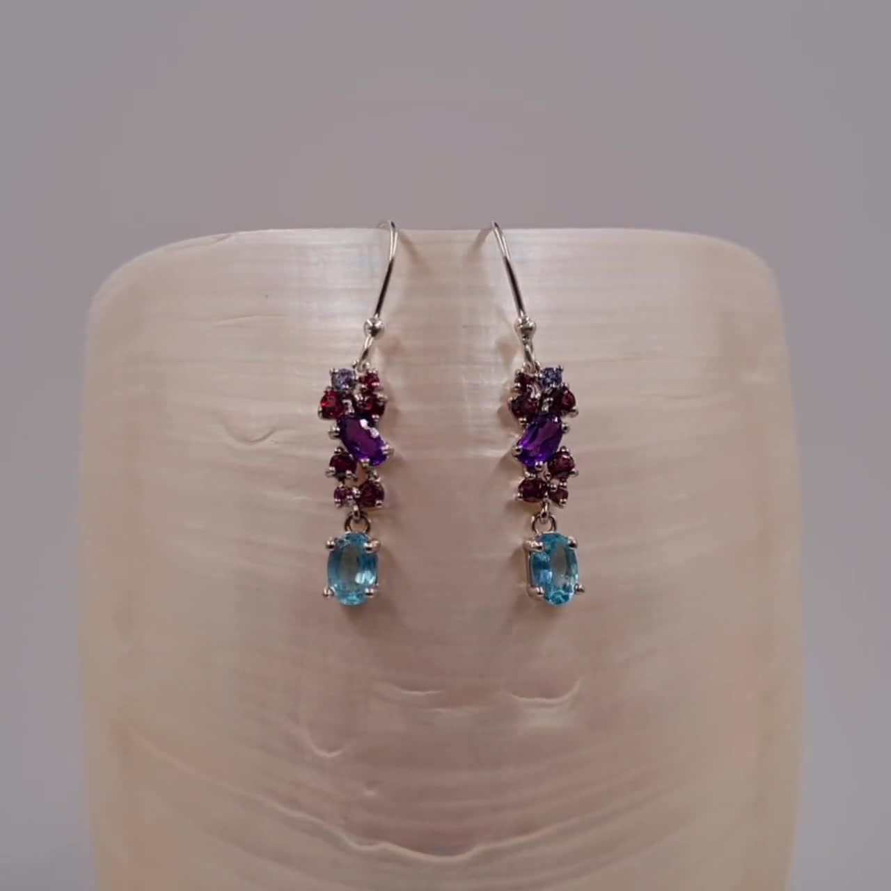 Apatite Amethyst Earrings, Tanzanite, Rhodolite Pink Garnet, Semi Precious,  Handmade Gemstone Jewellery, Sterling Silver