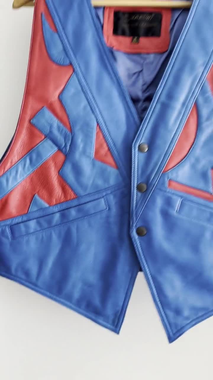 Vintage Sanzzini Unisex Biker Chic Vest, Blue Red Genuine