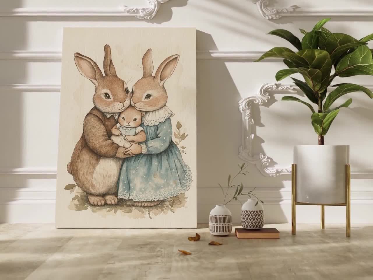 うさぎと子供の水彩画 ヴィンテージのウサギの家族イラスト - 水彩インク風の森のウサギの