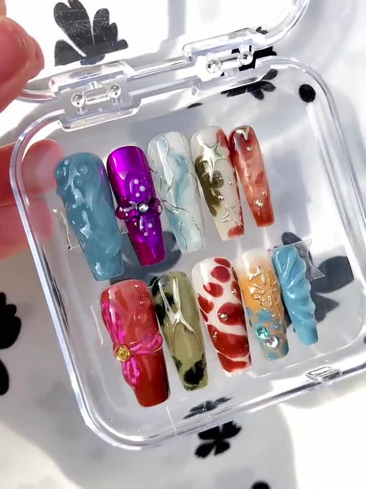 Y2K Press on Nails | Multicolor Floral Starry Nail Art | HB58T - Etsy