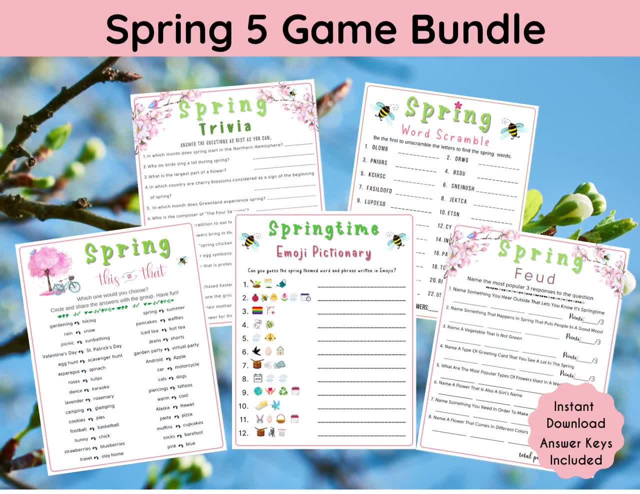 5 Spring Printable Game Bundle | Fun Spring Party Games | Springtime  Activities for Kids & Adults | Office Party game | School Activities