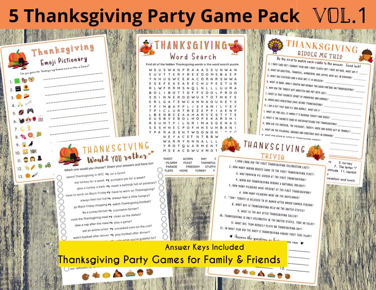 Thanksgiving Party Game BUNDLE Volume 1 Thanksgiving Games 