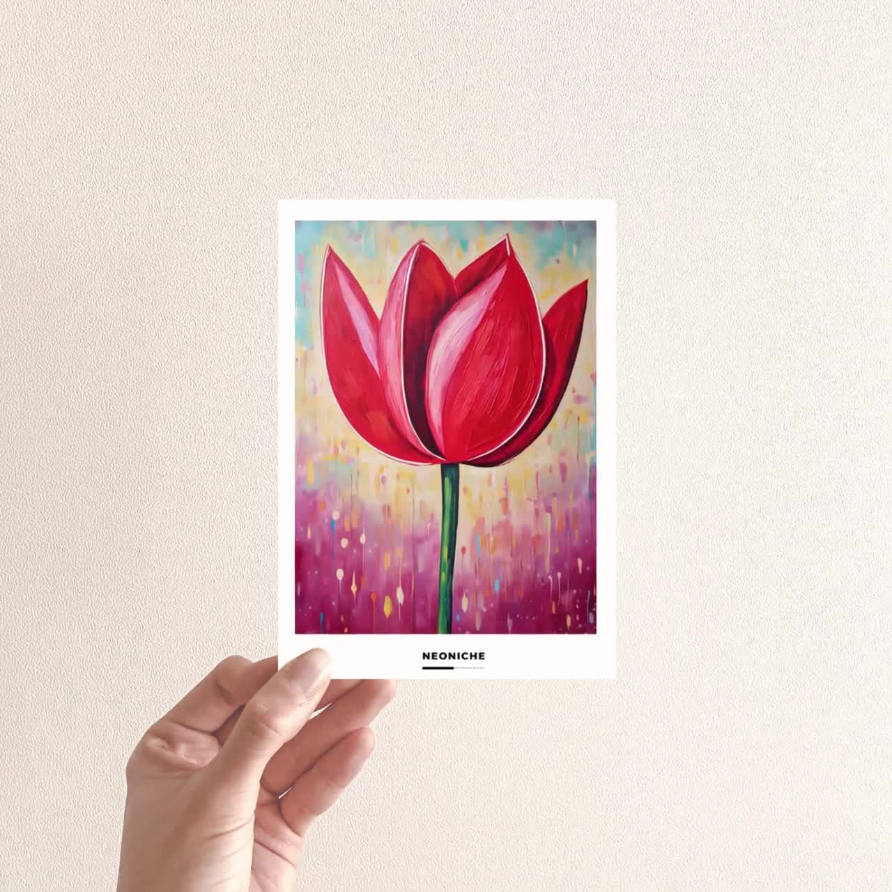 油絵 赤いチューリップ 赤いチューリップの油絵アートプリント：鮮やかな花柄（デジタル