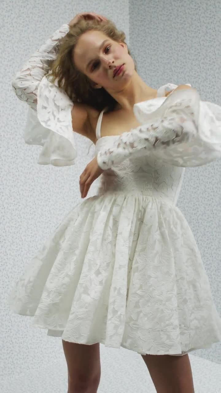 Luxurious Short Beaded and Feather Wedding Dress. Elegant Long