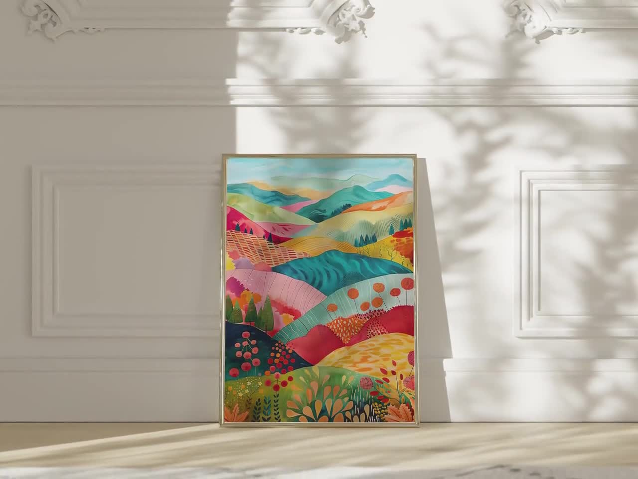 色彩豊かな風景画プリント、花咲く山々の風景（デジタルダウンロード