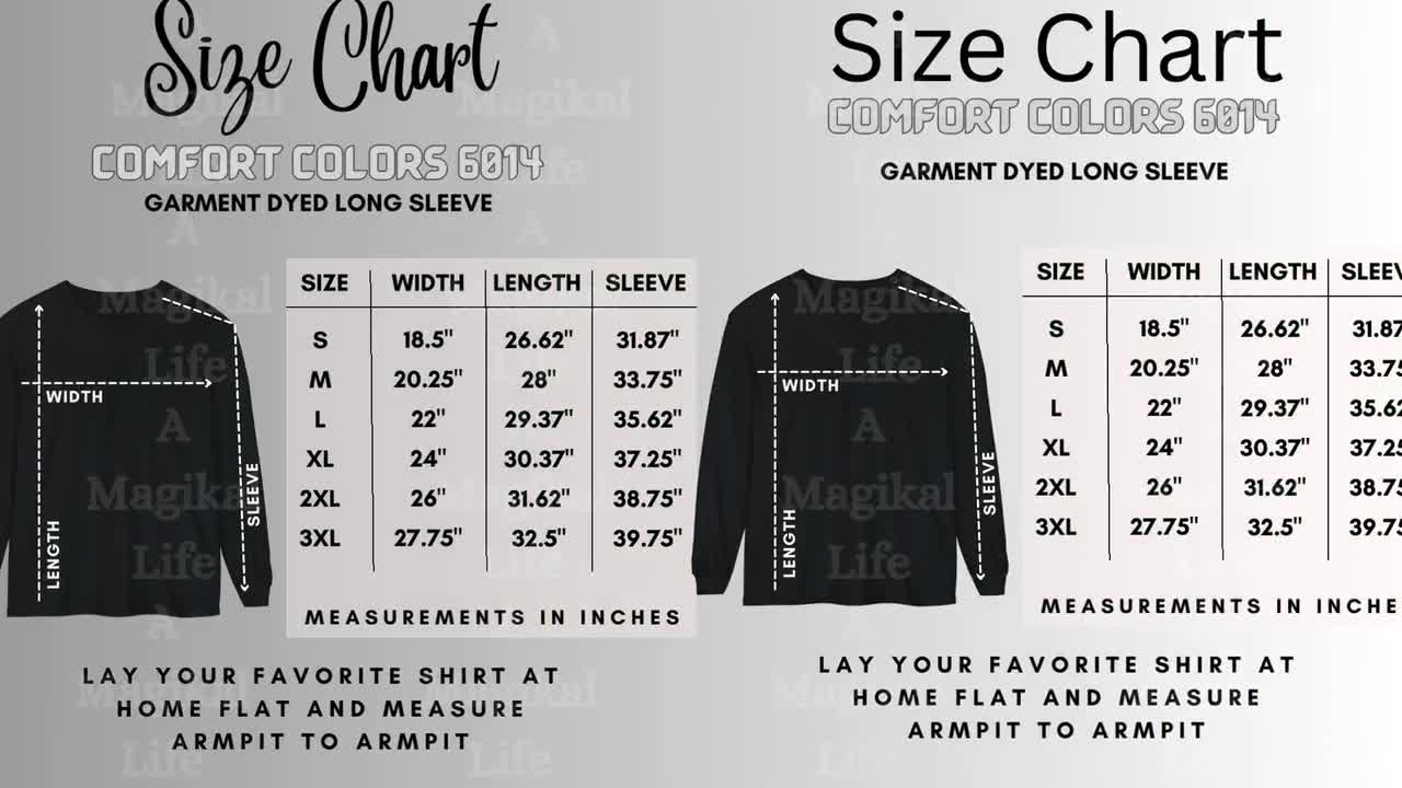 Comfort Colors 6014 Size Chart, Size Chart Mockup, Unisex Size
