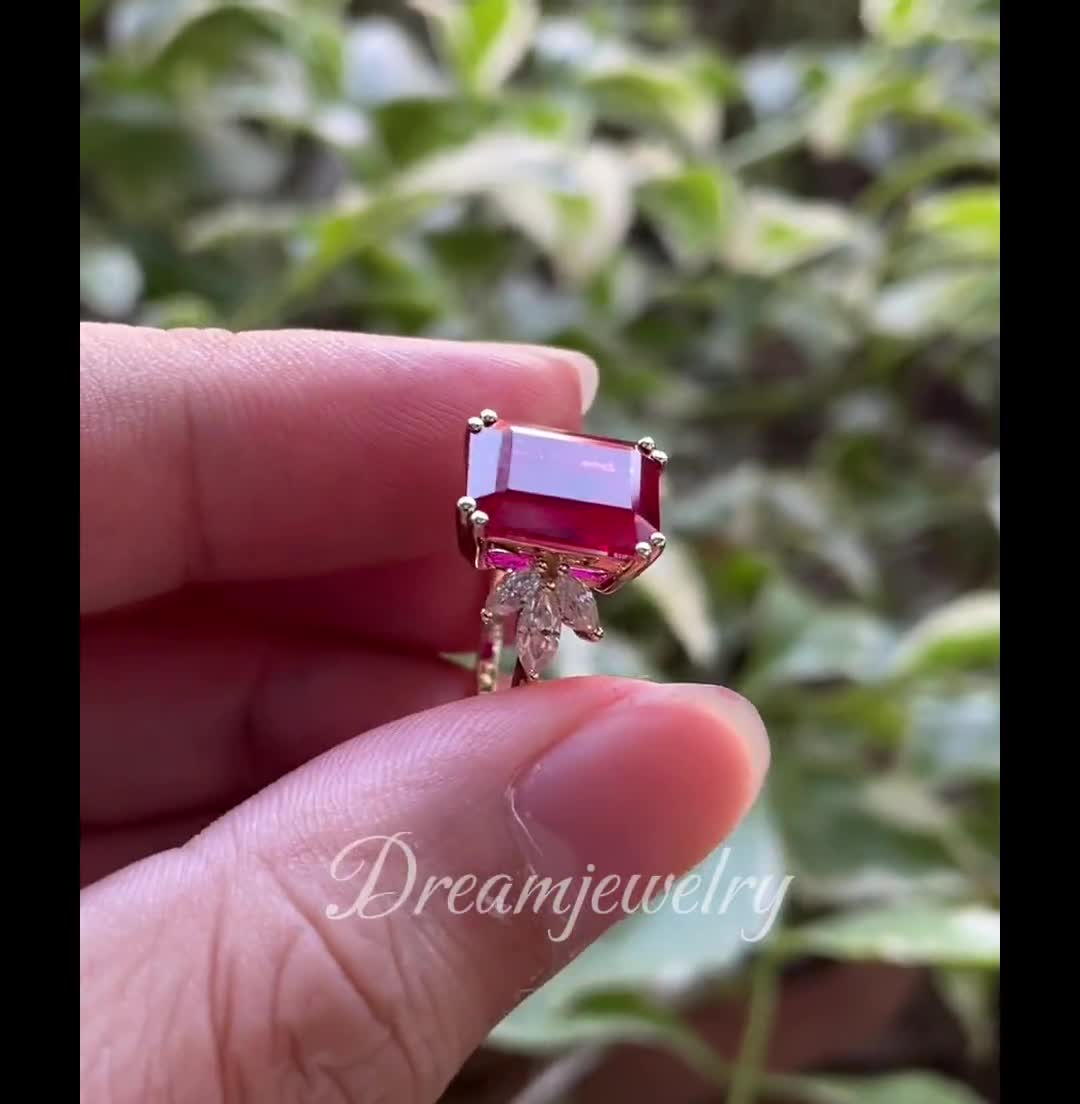 Lab Red Ruby Engagement Ring 4ct Emerald Cut Vintage Rose