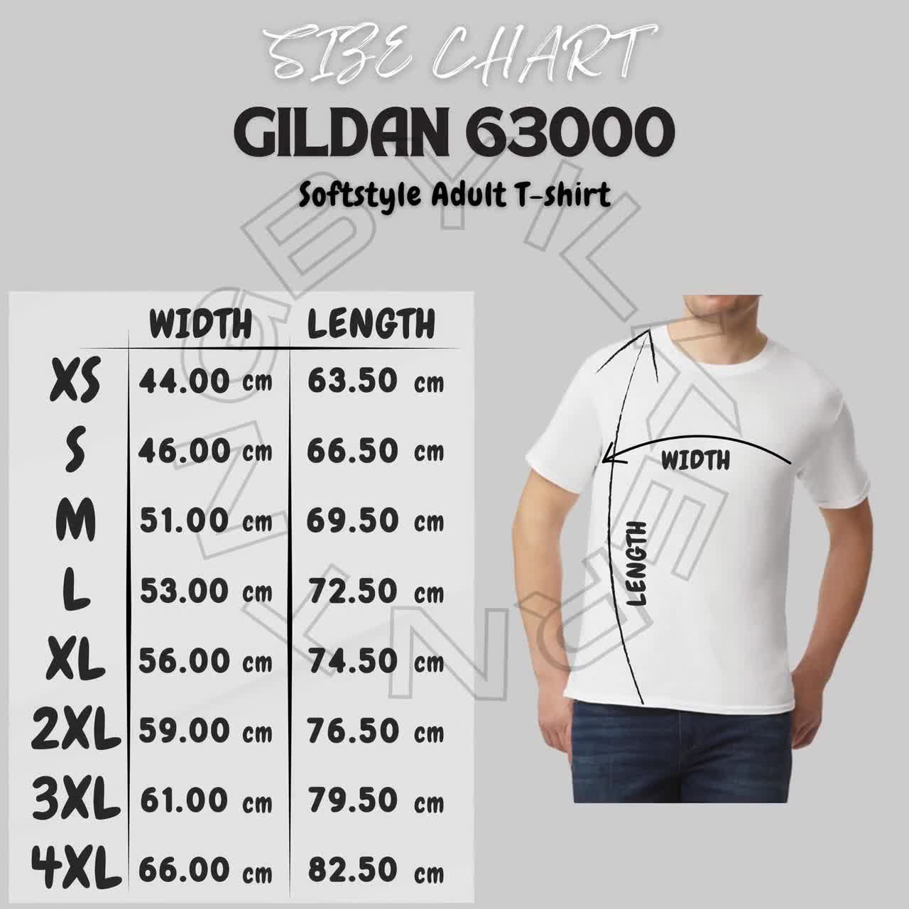 T-shirt Size Chart I Gildan 63000 Size Chart | Unisex Softstyle
