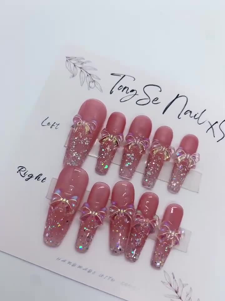 Pink Glitter Oval Tip Nails with rhinestones Press On Nail Kit - TGC  Boutique