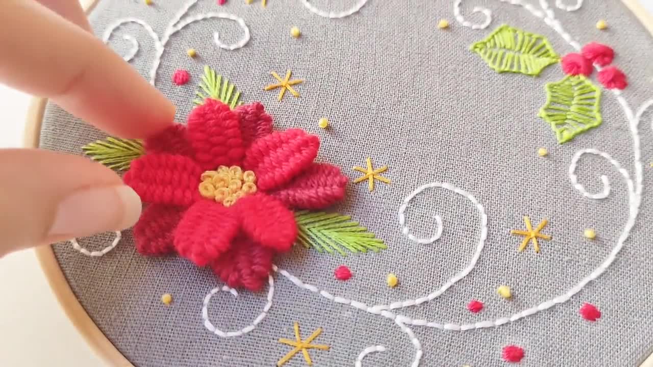 Hand embroidery KIT DIY, Kit de bordado, kit instrucciones español, mano  con flores, diseño floral, flores rojas, puntos básicos de bordado -   España