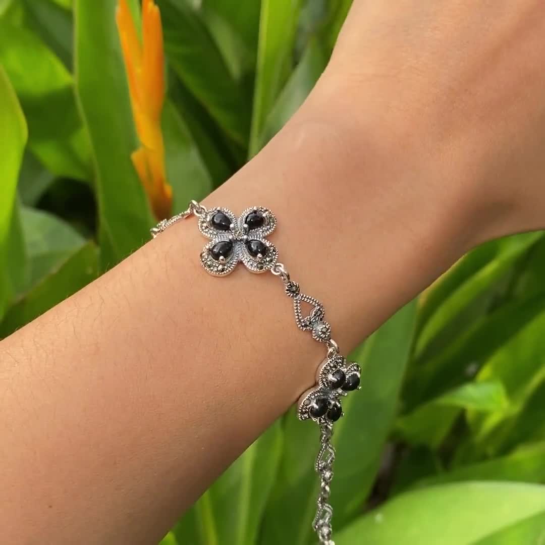 Four Leaf Clover Bracelet, Silver & Black