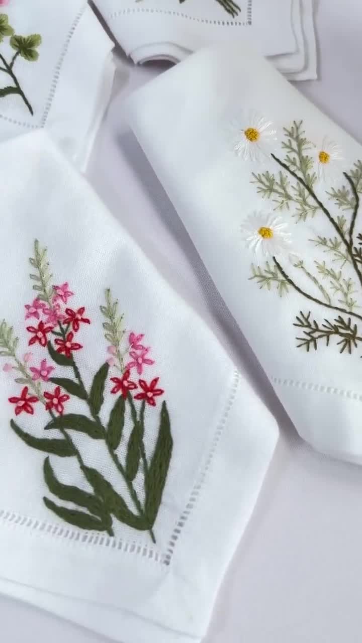 花柄手刺繍リネンナプキン、ワイルドフラワーリネンナプキン