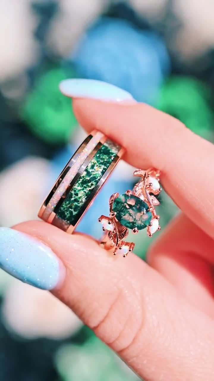 Green Moss Agate Opal Couples Ring Set- His and Hers Wedding Band