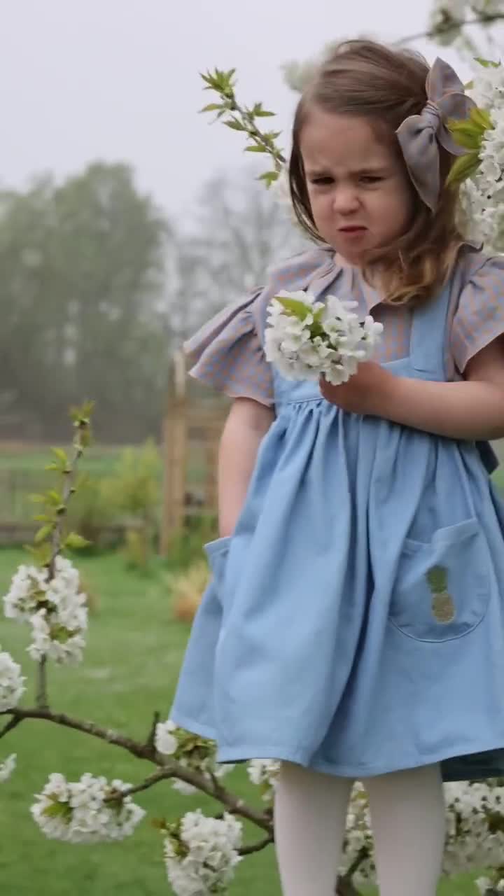 Light Blue Denim Pinafore Dress, Pineapple Pockets, Adjustable Straps