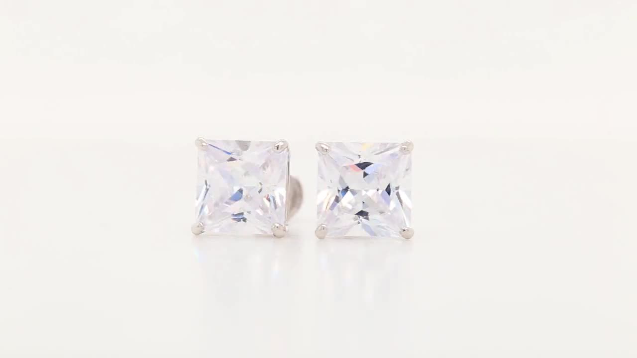 14k White Gold Square CZ Stud Earrings, Screw back Sleeper, Unisex