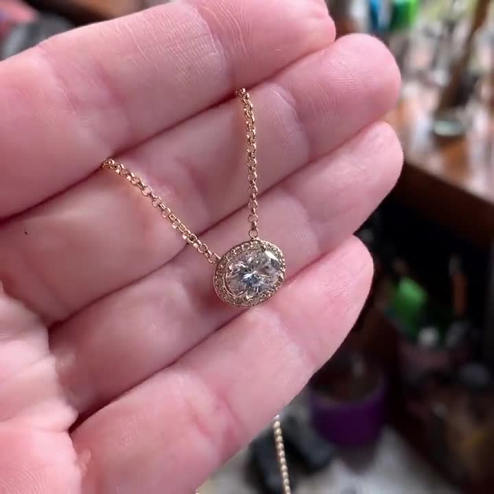 14K Rose Gold Pear Moissanite Halo Diamond Necklace