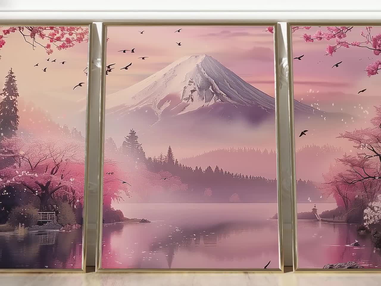 Japandi Wall Art Set, Mount Fuji Cherry Blossom Prints (digital