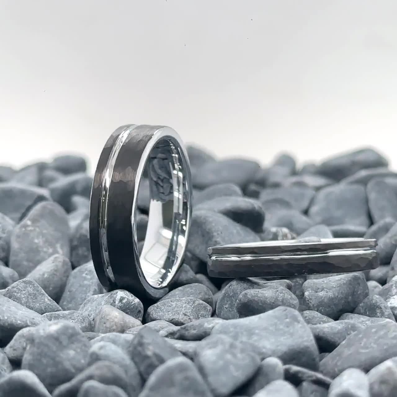 LEVI: 6mm Black Hammered Tungsten Carbide Unisex Band with Silver* Stripe and Interior, Wedding Band, Men's Band, Comfort sold Fit, His and Hers