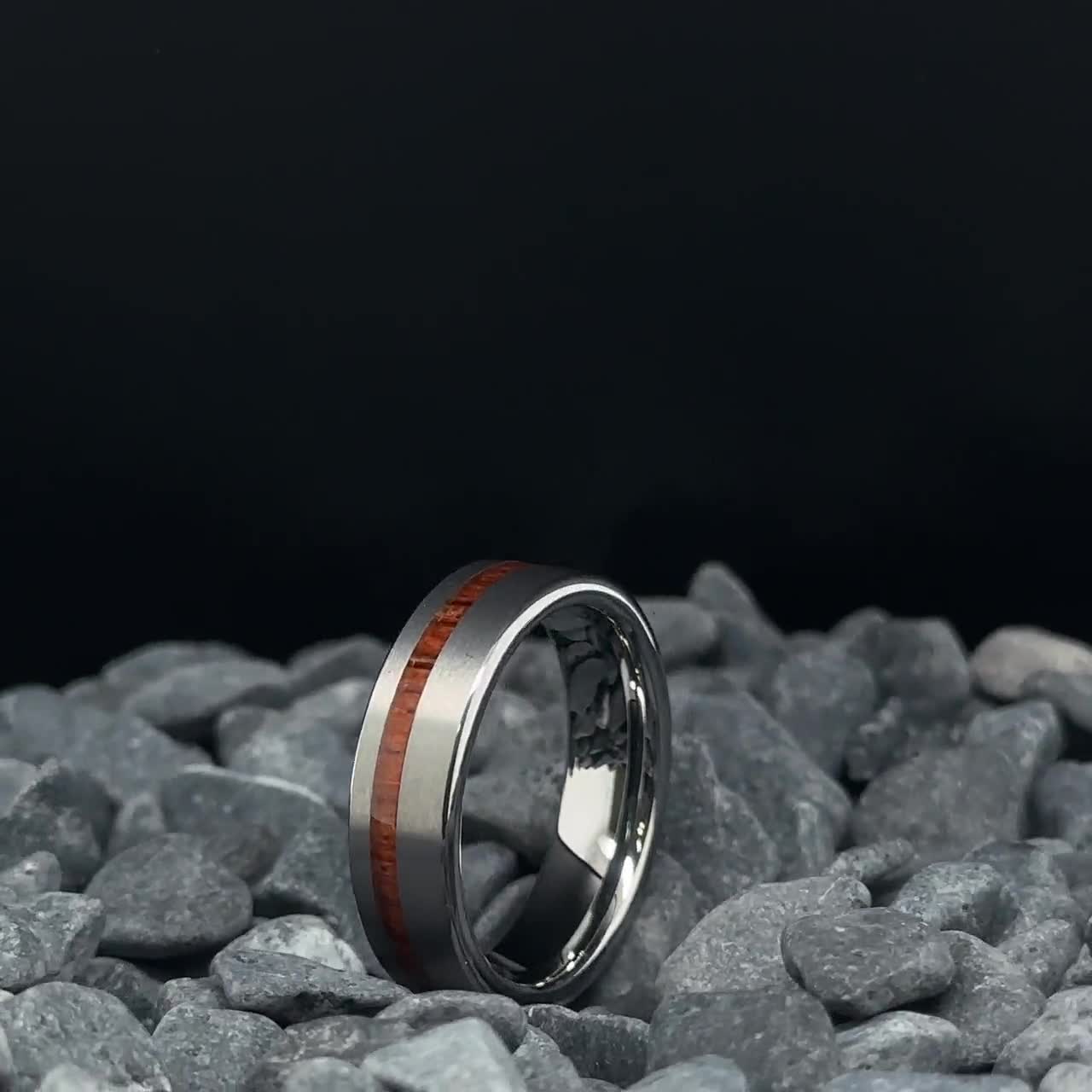 Silver Tungsten Ring with Koa Wood Stripe Brushed Finish - 6mm Men's Wedding Band