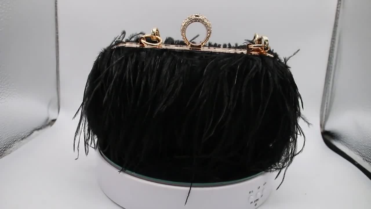 Black Feather Purse, Ostrich Feather Clutch, Black Evening Bag