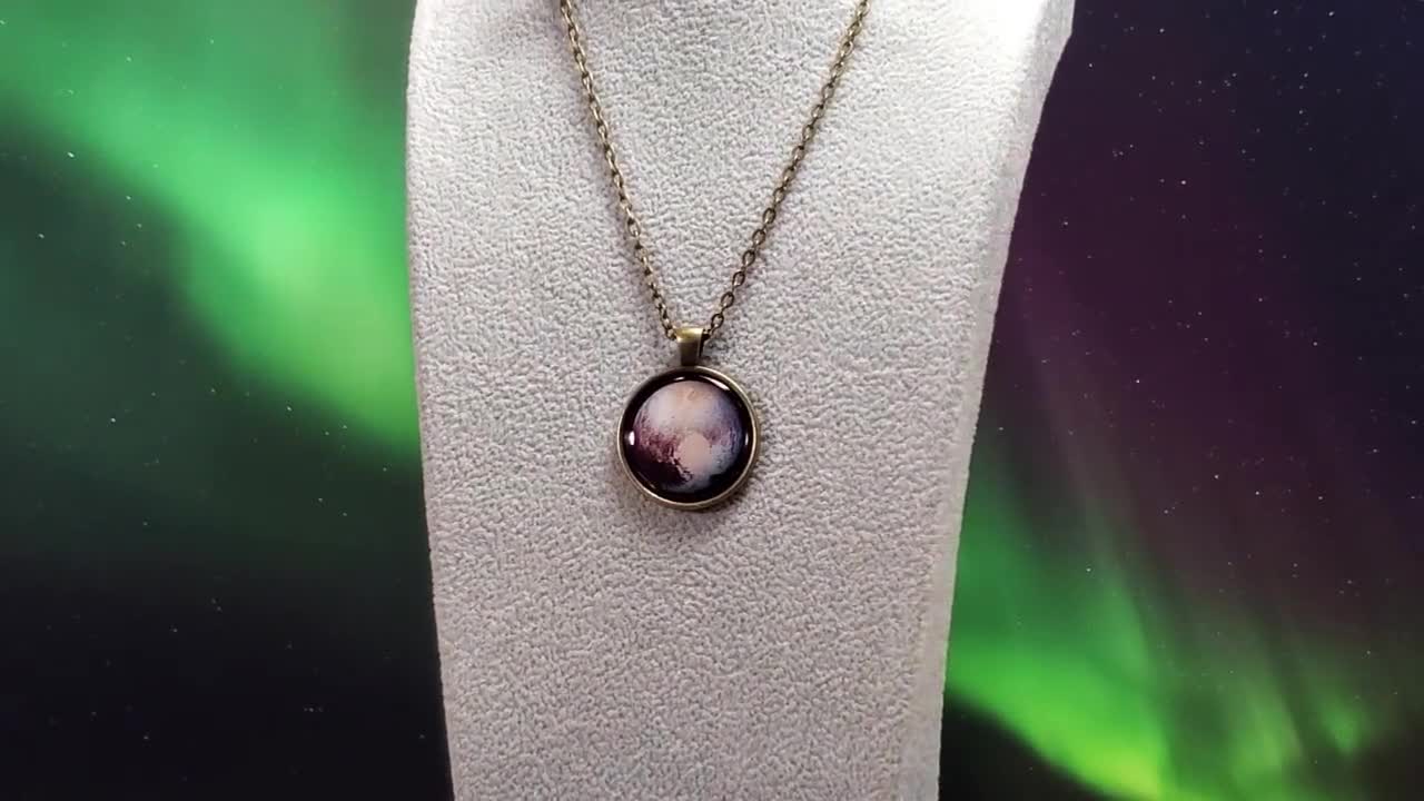 Pluto Photo Pendant Necklace, Bronze Planet Charm, Space Jewelry