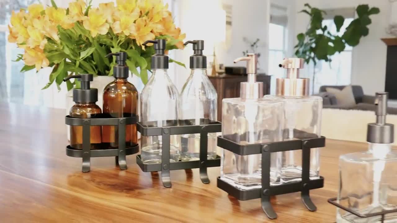 Home Decor 3-piece Glass Soap Dispenser Set with Metal Storage Caddy