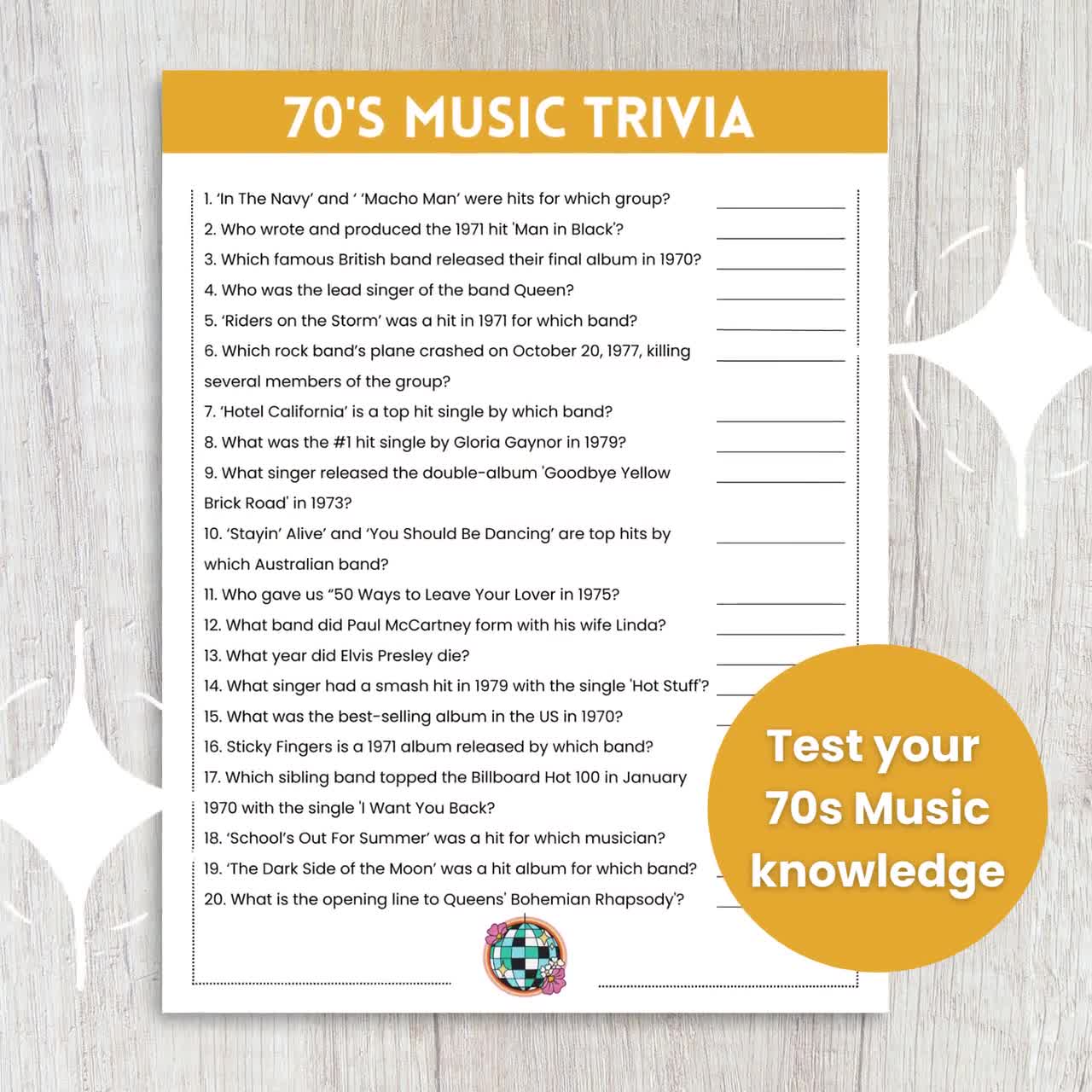 70s music trivia game, 70s theme party game, 70s trivia, trivia