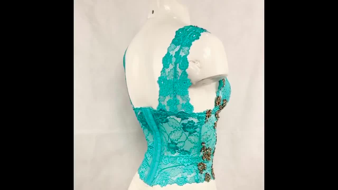Sequined Crop Top Sleeveless Blouse Cami in Green Floral Lace With Copper  Bronze Beads and Sequins 