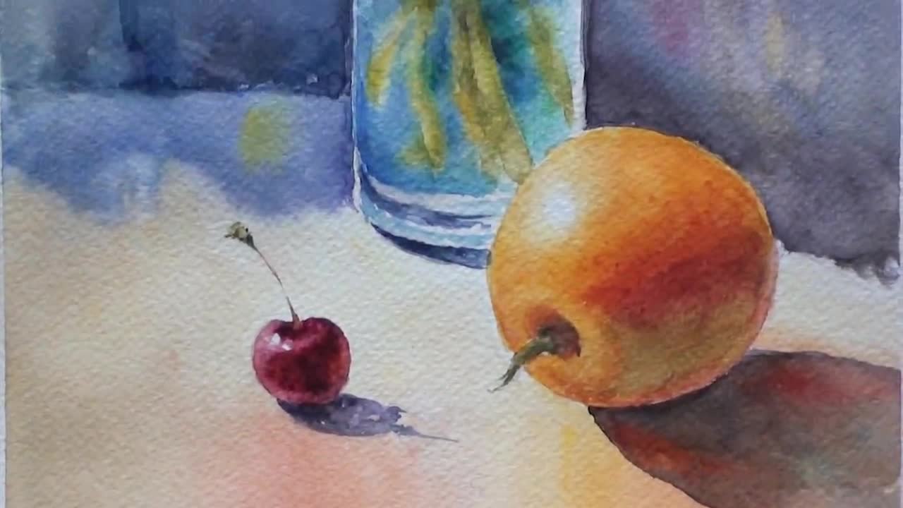 花の静物画、オリジナル水彩画。ガラスの花瓶に差し込む太陽の光に照ら