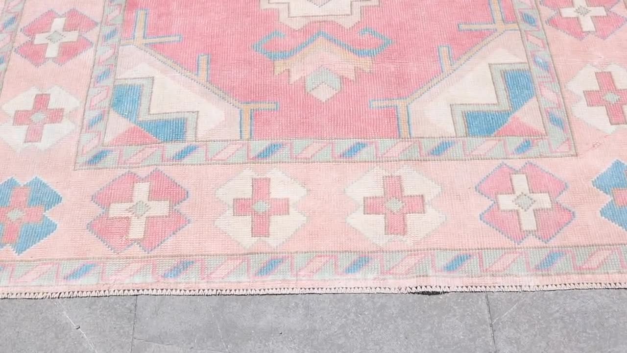 ヴィンテージ トルコ ピンク ラグ、5x6 ヴィンテージ ラグ、ブルー