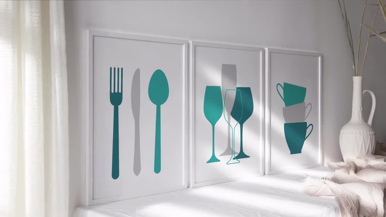 Kitchen Wall Art Prints, Set of 3 Prints, Teal & Grey Kitchen