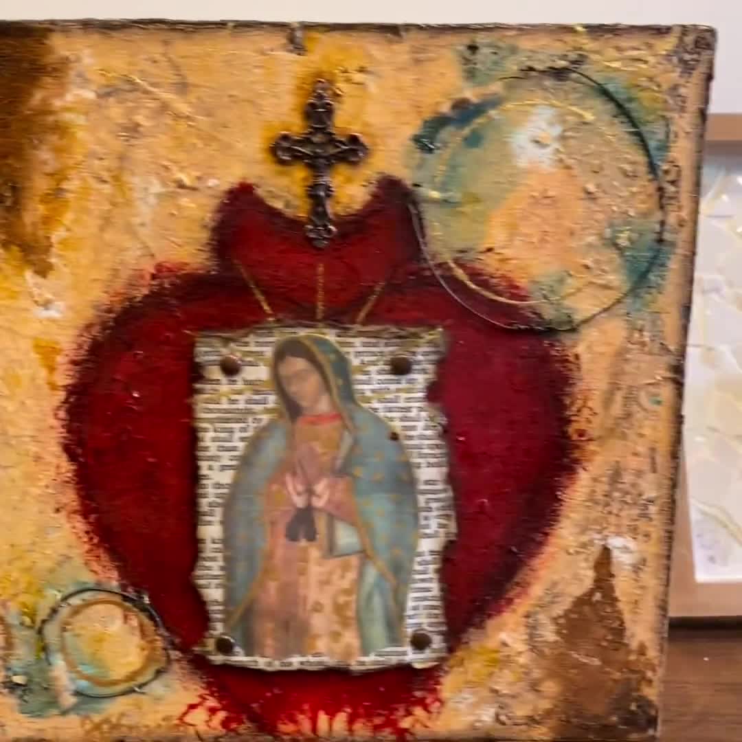 メキシコの聖心聖母マリアの小さな絵画、宗教画、スピリチュアルな絵画