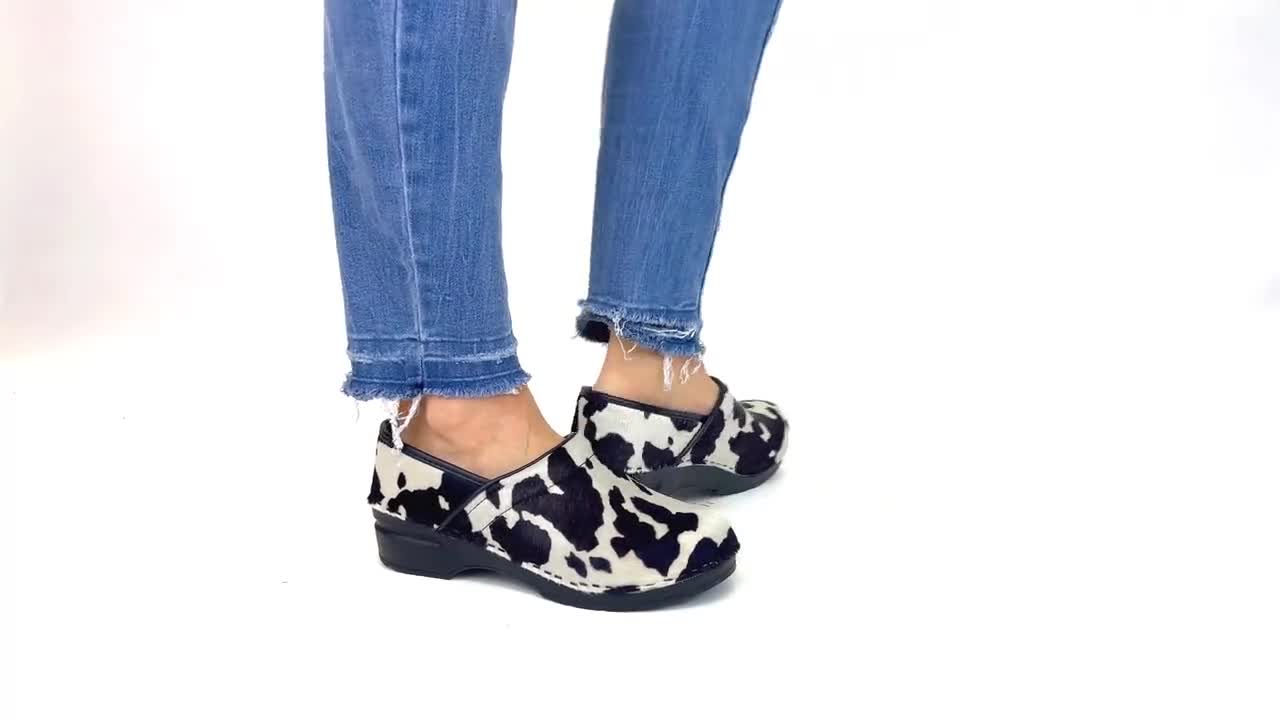 Professional Safari Collection Fur and Leather Clogs on sale in Black and White Cow