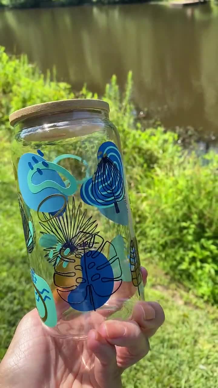 16 Oz Soda Can Shaped Clear Drinking Glass With Abstract Design Applied  With Vinyl Bamboo Lid, Plastic Straw Hand Wash Only 