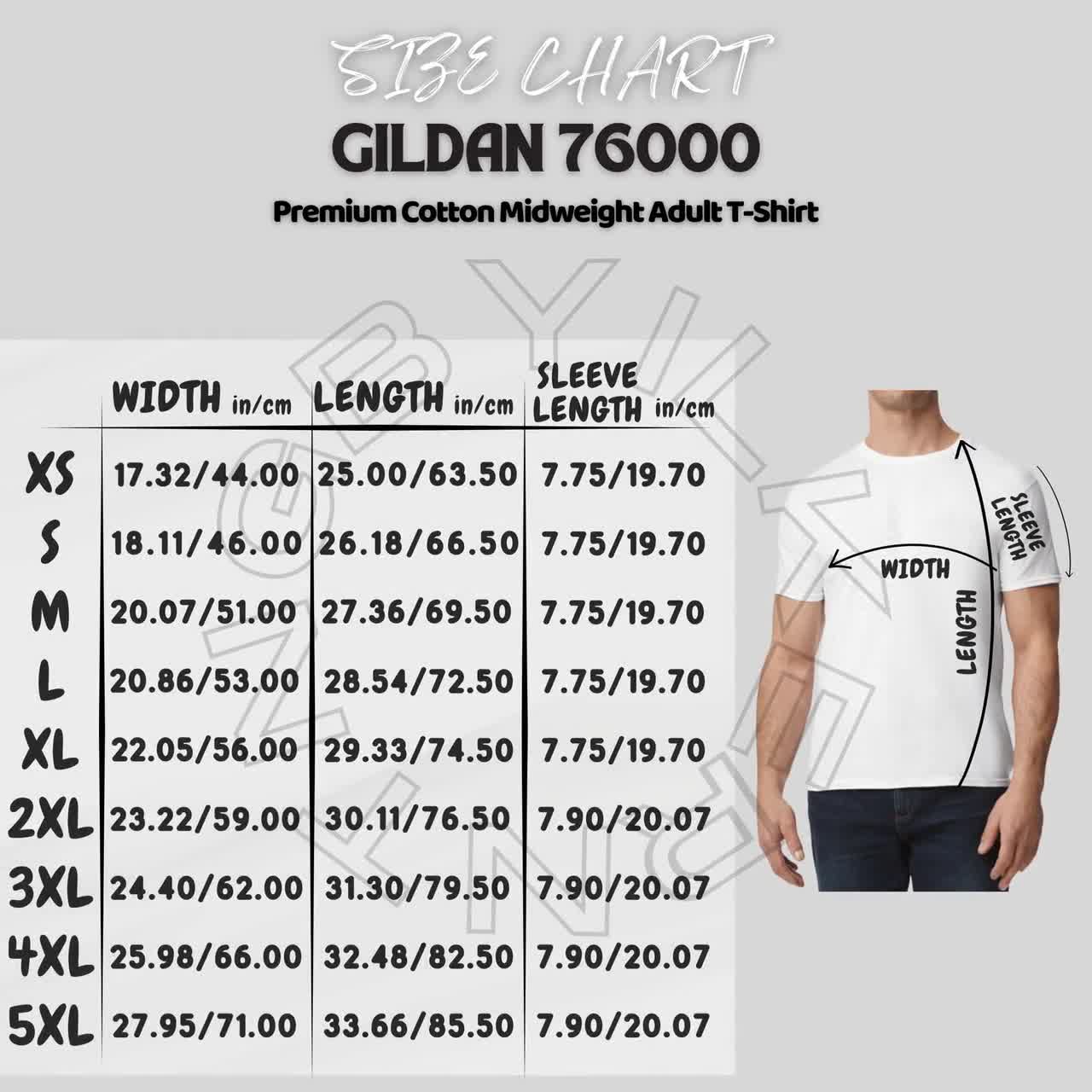 Gildan 76000 Size Chart | Premium Cotton Midweight Adult T-shirt