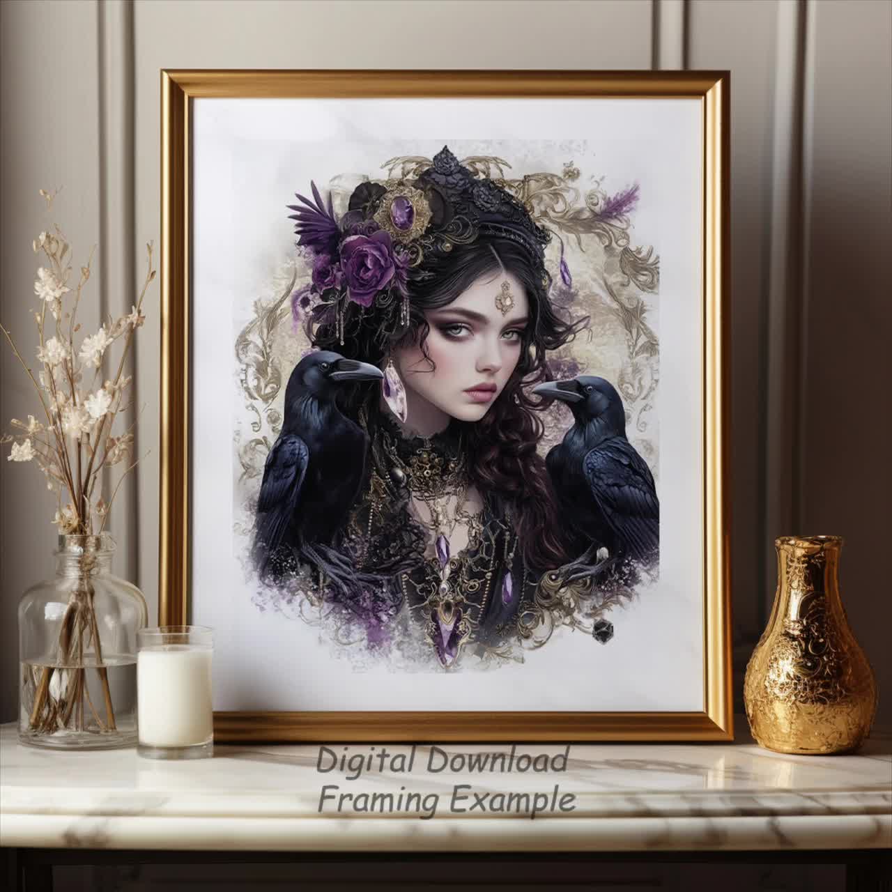 魔女の精霊とカラスの女神 - デジタルアートプリントダウンロード
