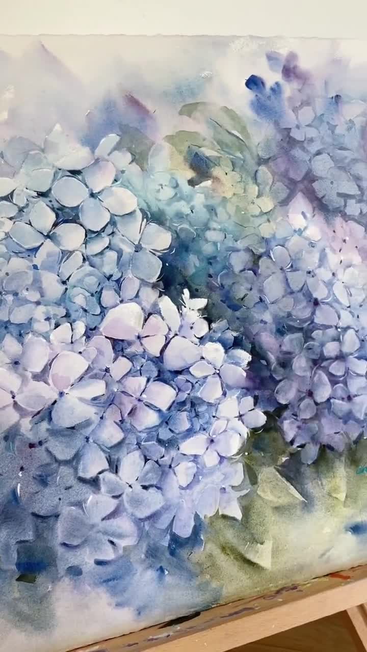 オリジナルのアジサイの水彩画：手作りの青い花の壁アート（22x30