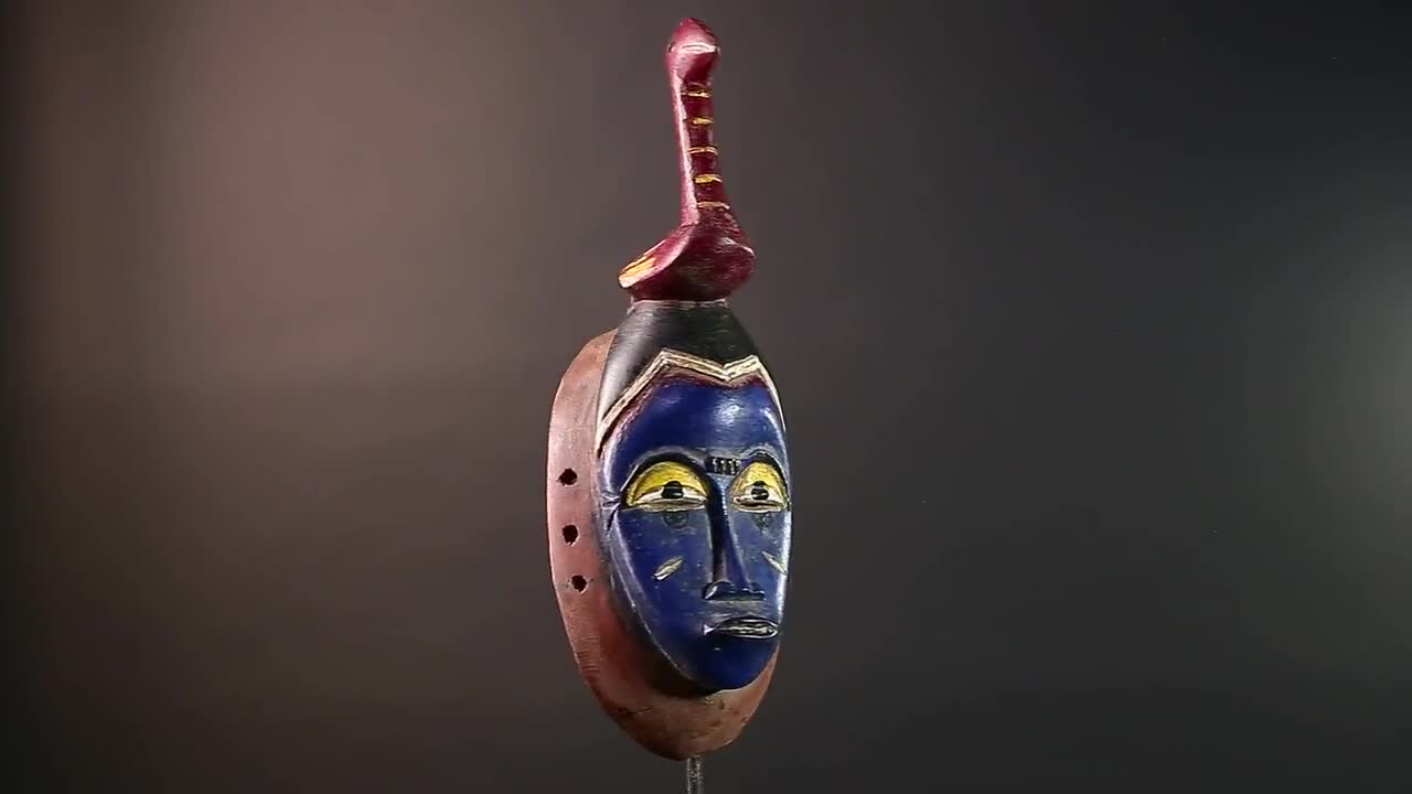 手彫りのバウレマスク：アフリカの部族芸術、青い顔の鳥の彫刻-G5669