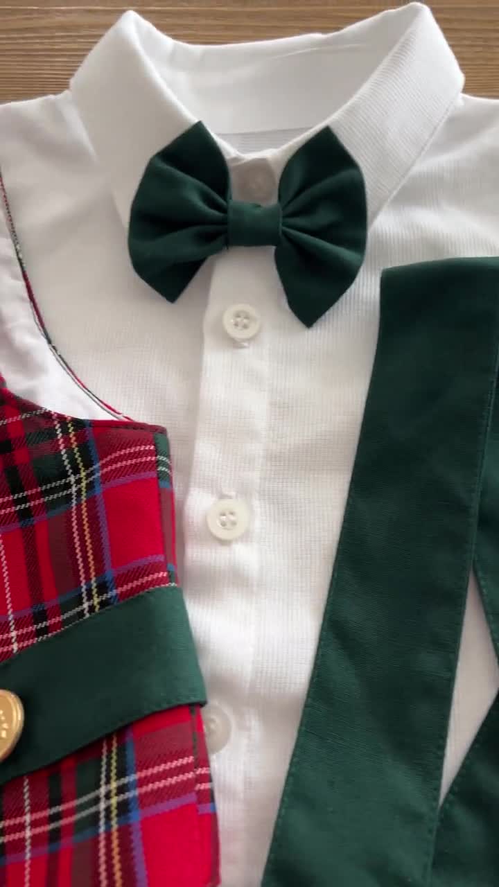 Set Di Natale Neonato 2 Pezzi: Camicia A Maniche Lunghe Con Papillon E Pantaloni Con Spalline A Quadretti – Taglie 3-18 Mesi