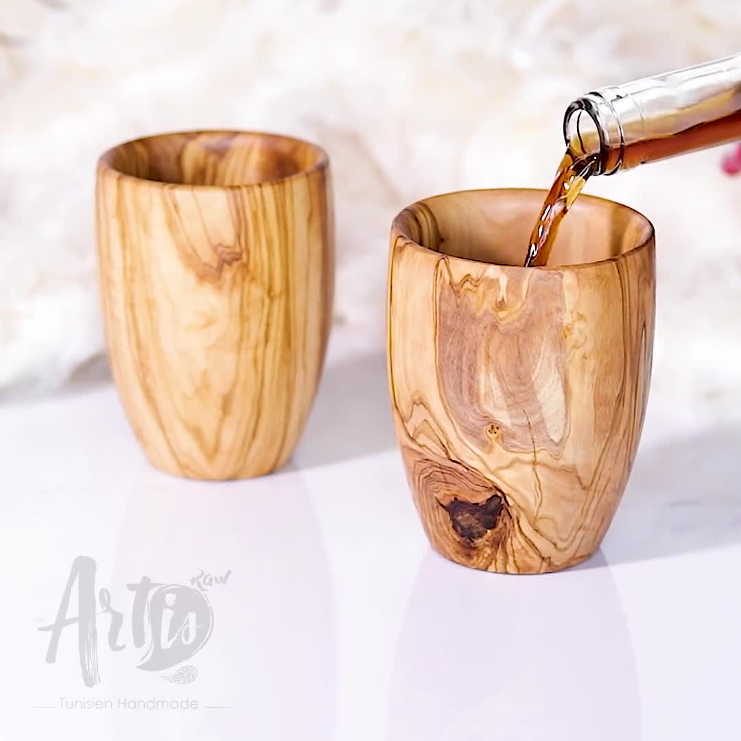 Set of 2 Wooden Cups Handmade From Tunisian Olive Wood Groomsmen Proposal  FREE Personalization Artisraw Wood Beeswax 