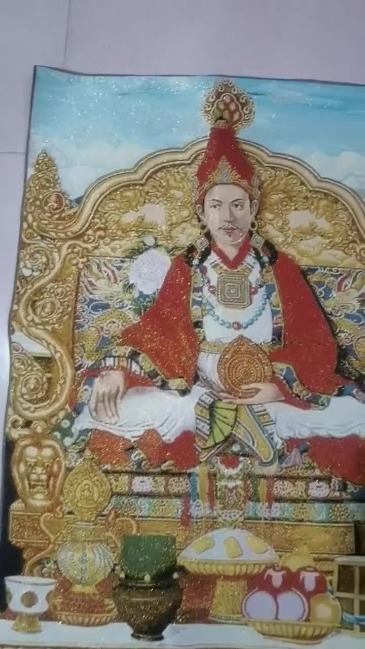 35インチのチベット仏教タンカ画、瞑想する仏陀像、祝福する仏陀