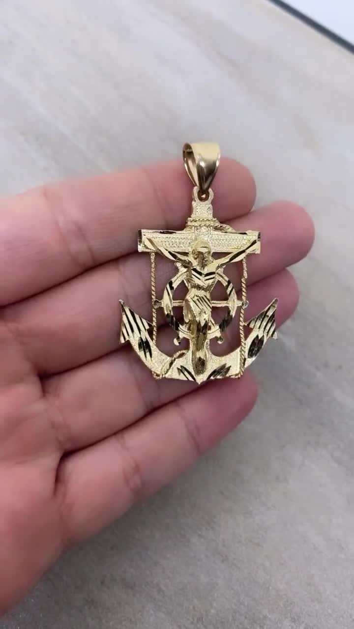 Solid 14k Yellow Gold Large Anchor With Jesus Crucifix Charm