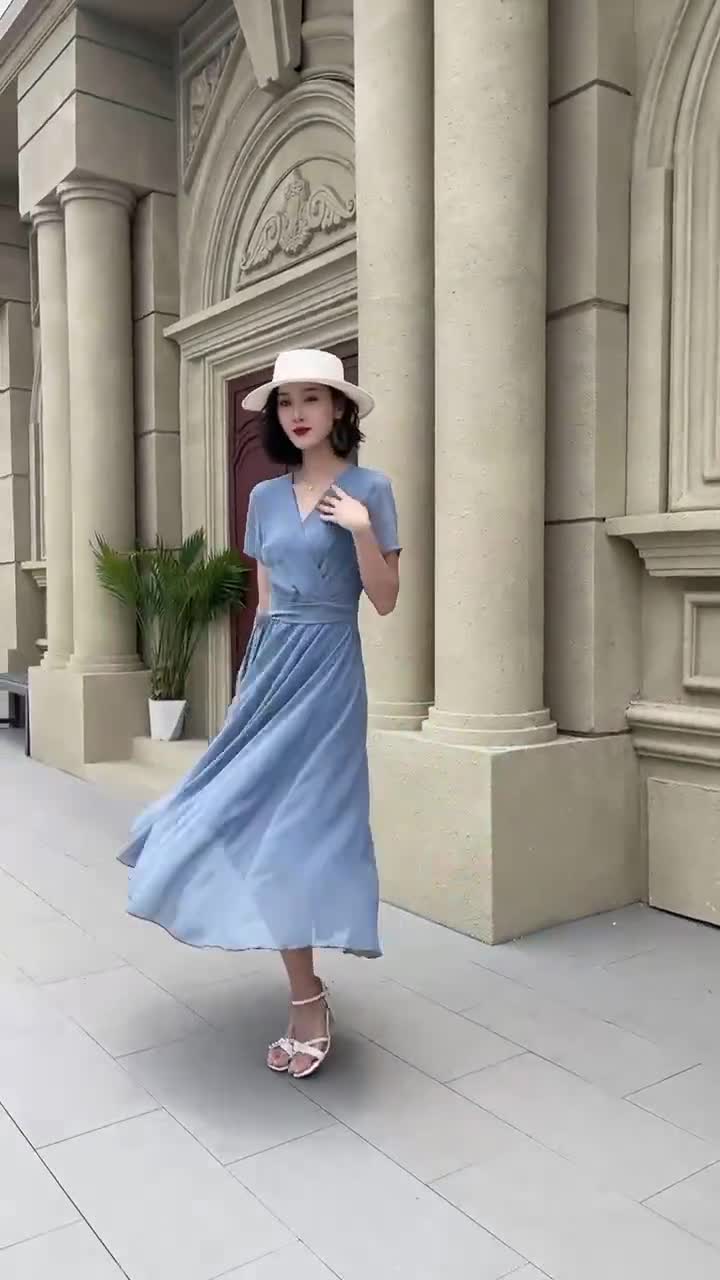 Chiffon Dress, Summer Woman Wrap Dress, Short Sleeve V Neck