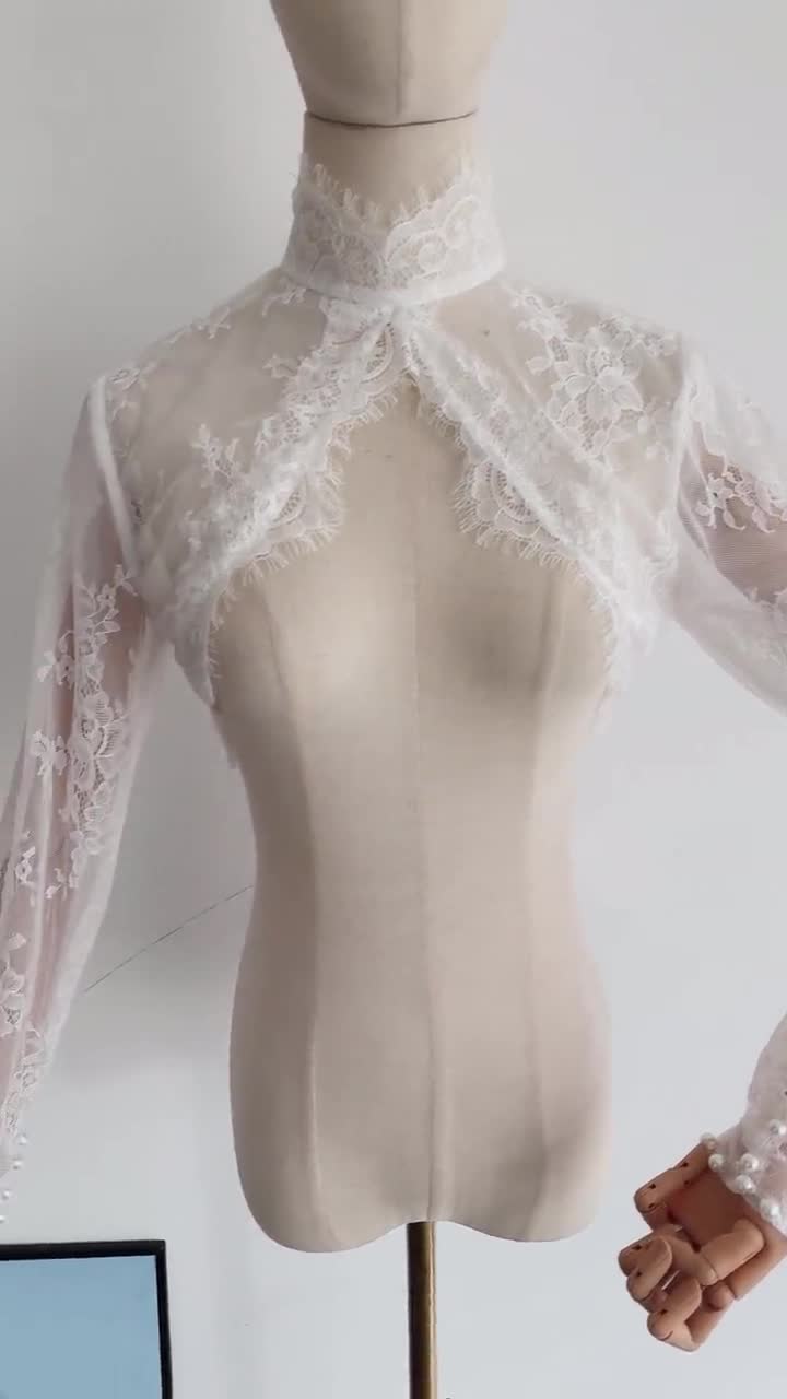 Custom Soft Chantilly Lace wedding boleros Long Sleeves lace bolero bridal  bolero jacket Lace Wedding dress topper Romantic lace sleeves, image size:720x1280