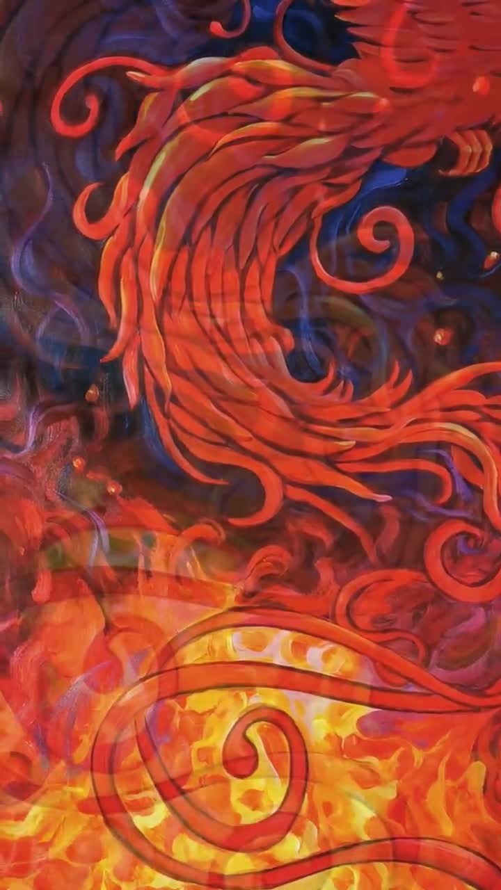 オリジナルのハンドメイドフェニックス絵画、神話の火の鳥の抽象画