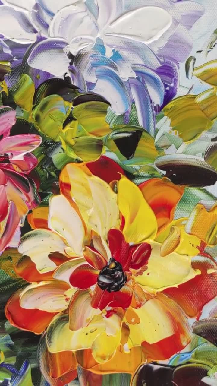 油絵　専用　カラフルな花瓶のお花　抽象画 カラフルな花瓶 - ハンドメイドパレットナイフフラワー油絵